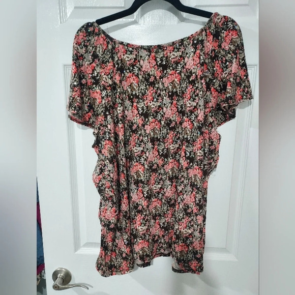 Dressbarn Pink and Brown Floral Sparkly Layered Short Sleeve Blouse in Size 3X - Picture 8 of 9